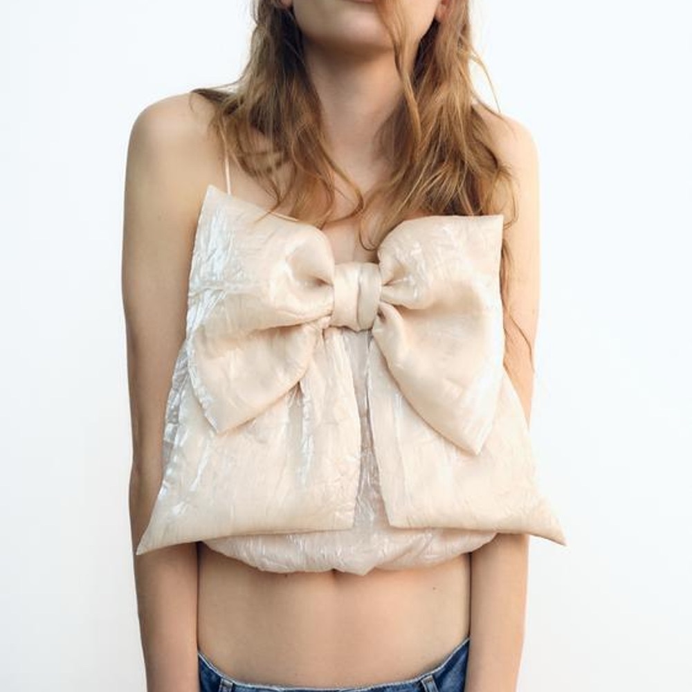 Zara medium Cream Bow Crop Top festive holiday cami